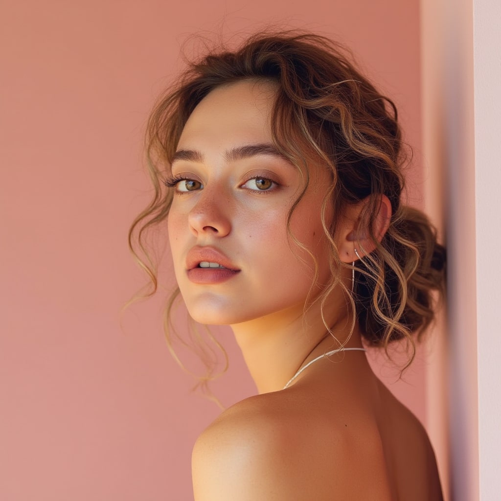Portrait of a woman with wavy styled hair against a soft pink background, acting as a verified customer avatar for a Squiloo product review.