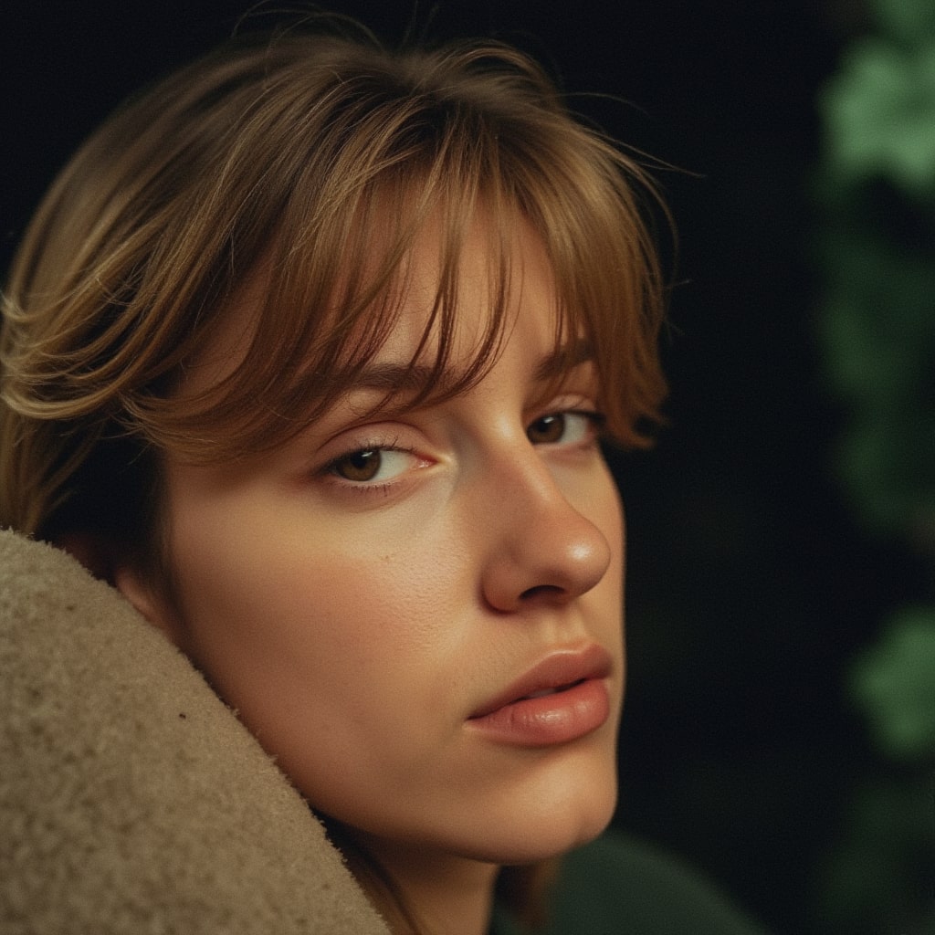 Close-up portrait of a person with blonde hair and bangs against a dark background, serving as a verified reviewer avatar for Squiloo silicone night lights.