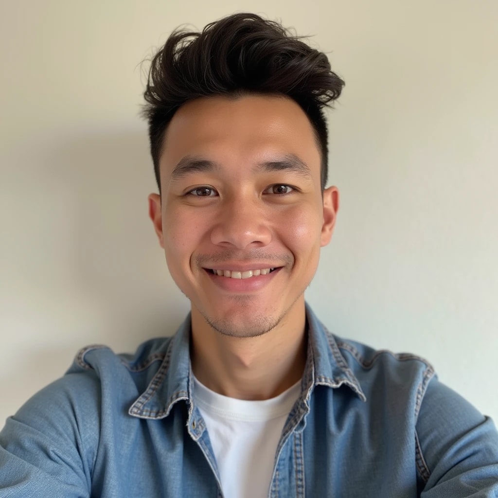 Close-up portrait of a smiling man with styled dark hair wearing a denim jacket, serving as a verified buyer profile for a Squiloo product testimonial.