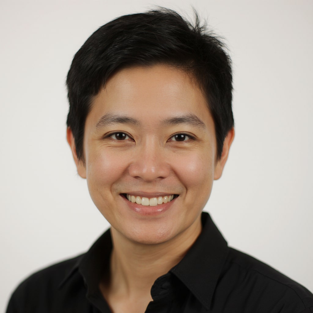 Close-up portrait of a smiling person with short dark hair wearing a black shirt against a plain white background, serving as a verified customer avatar for Squiloo reviews.