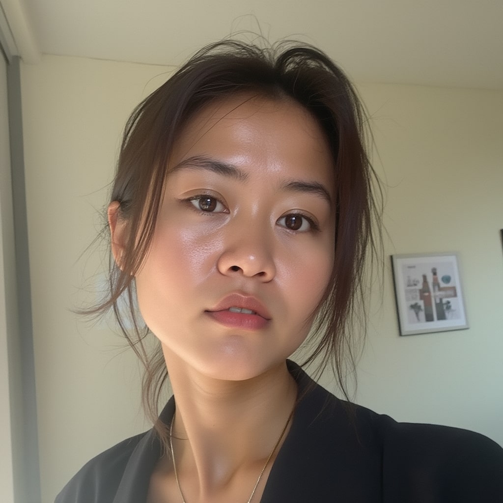 Close-up portrait of a woman with dark hair and a neutral expression in a brightly lit indoor setting, acting as a verified reviewer avatar for Squiloo products.