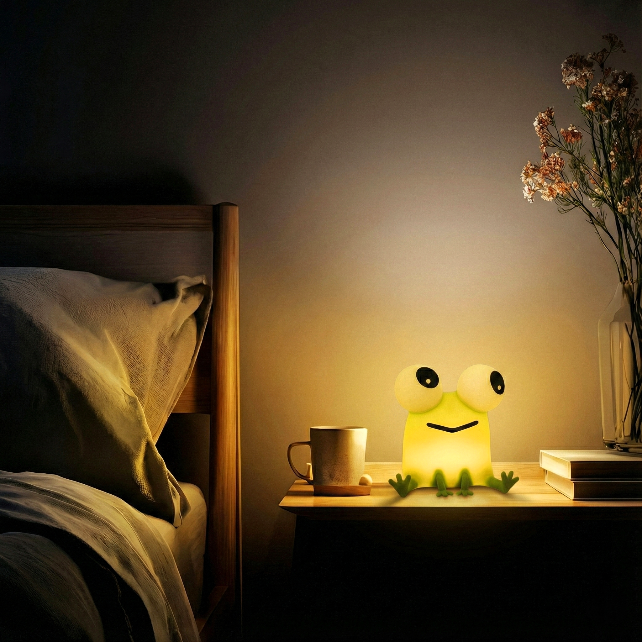 A glowing green squishy frog silicone night light with large eyes sitting on a wooden bedside table, casting a warm golden glow in a cozy bedroom with flowers and books.
