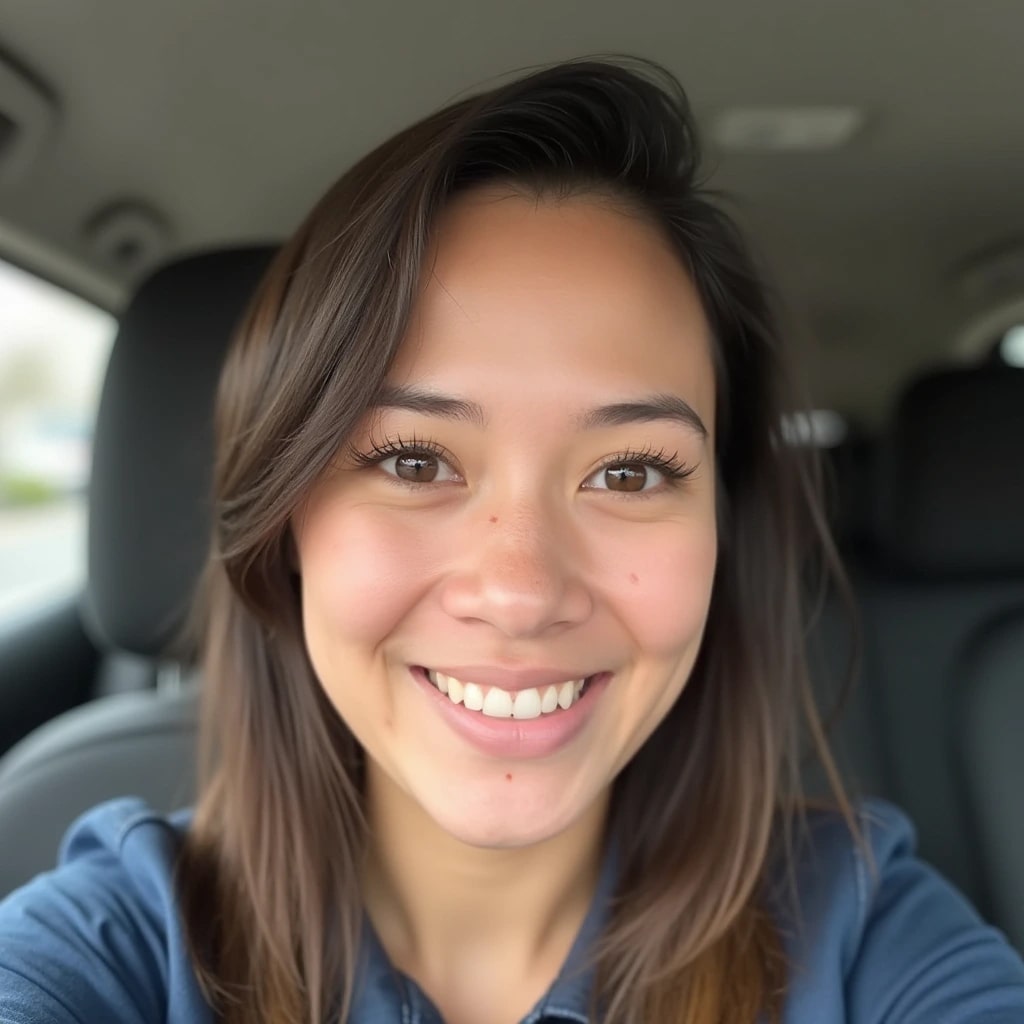 Smiling woman with dark hair in a car, acting as a verified buyer avatar for a product testimonial on the Squiloo online store.