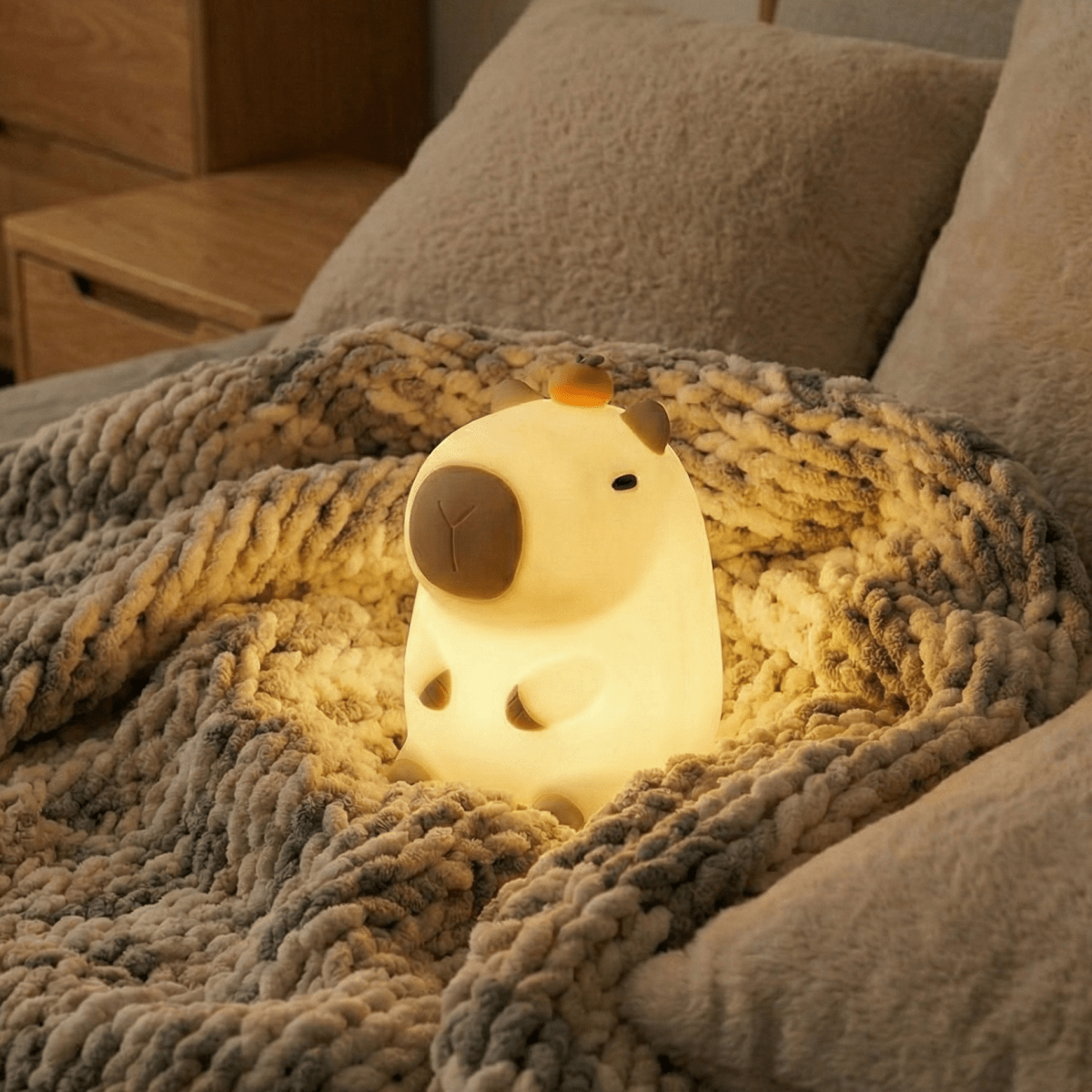 A glowing squishy silicone capybara night light with a small orange on its head, nestled in a soft, chunky knit blanket on a bed in a cozy room.