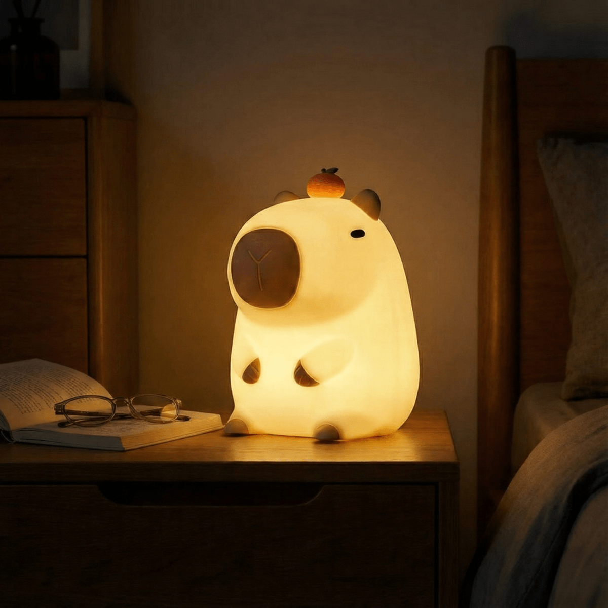 A glowing squishy silicone capybara night light with a small orange on its head, sitting on a wooden bedside table next to an open book and glasses in a warm, dimly lit bedroom.