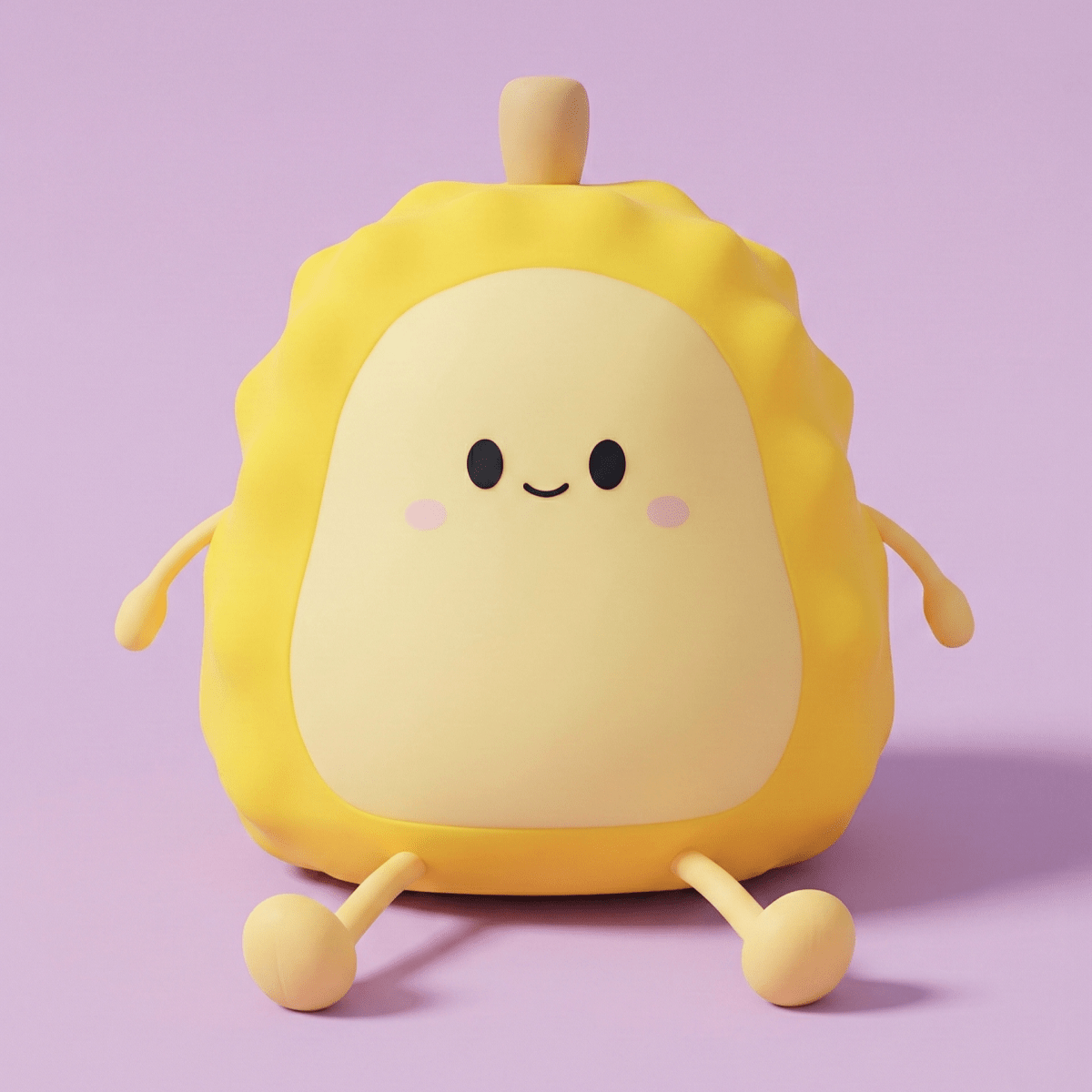 Cute smiling yellow squishy durian silicone night light with small arms and legs sitting on a solid light purple background.