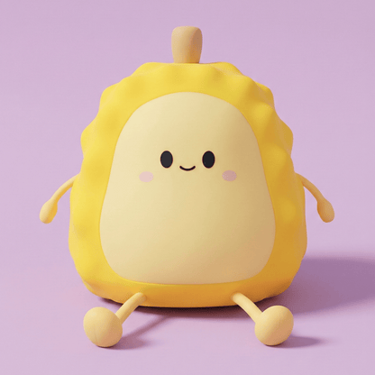 Cute smiling yellow squishy durian silicone night light with small arms and legs sitting on a solid light purple background.