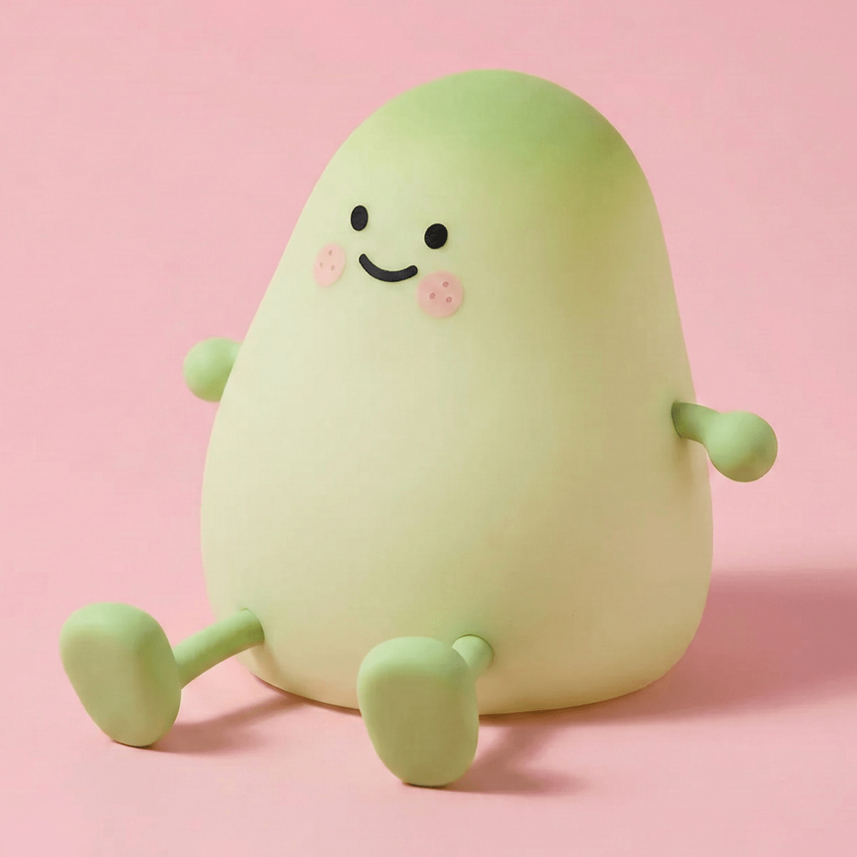 Cute light green squishy mango silicone lamp with a happy face and little green legs sitting on a solid pink background.