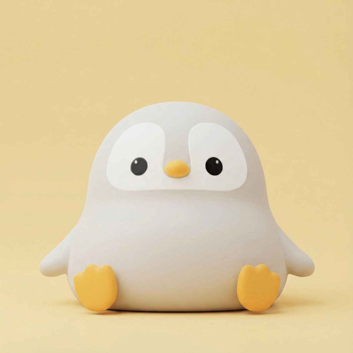Cute light green squishy penguin silicone night light with a happy face and small limbs sitting on a solid pink background.