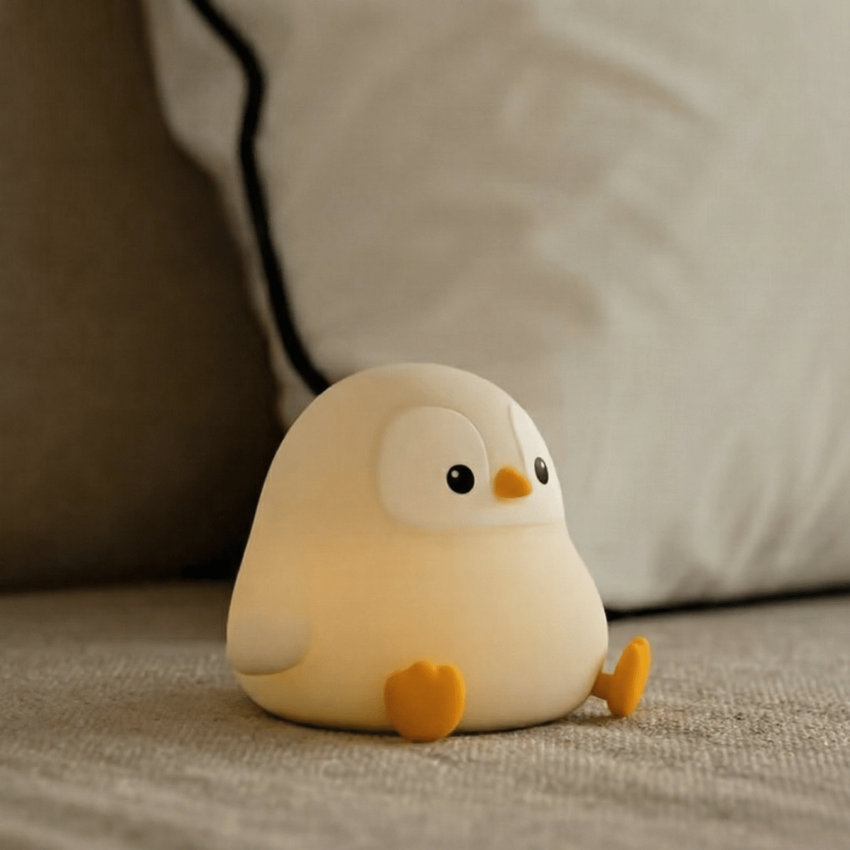 Cute white squishy penguin silicone lamp with orange feet sitting on a textured grey surface and glowing warmly against a soft blurred background with a pillow.