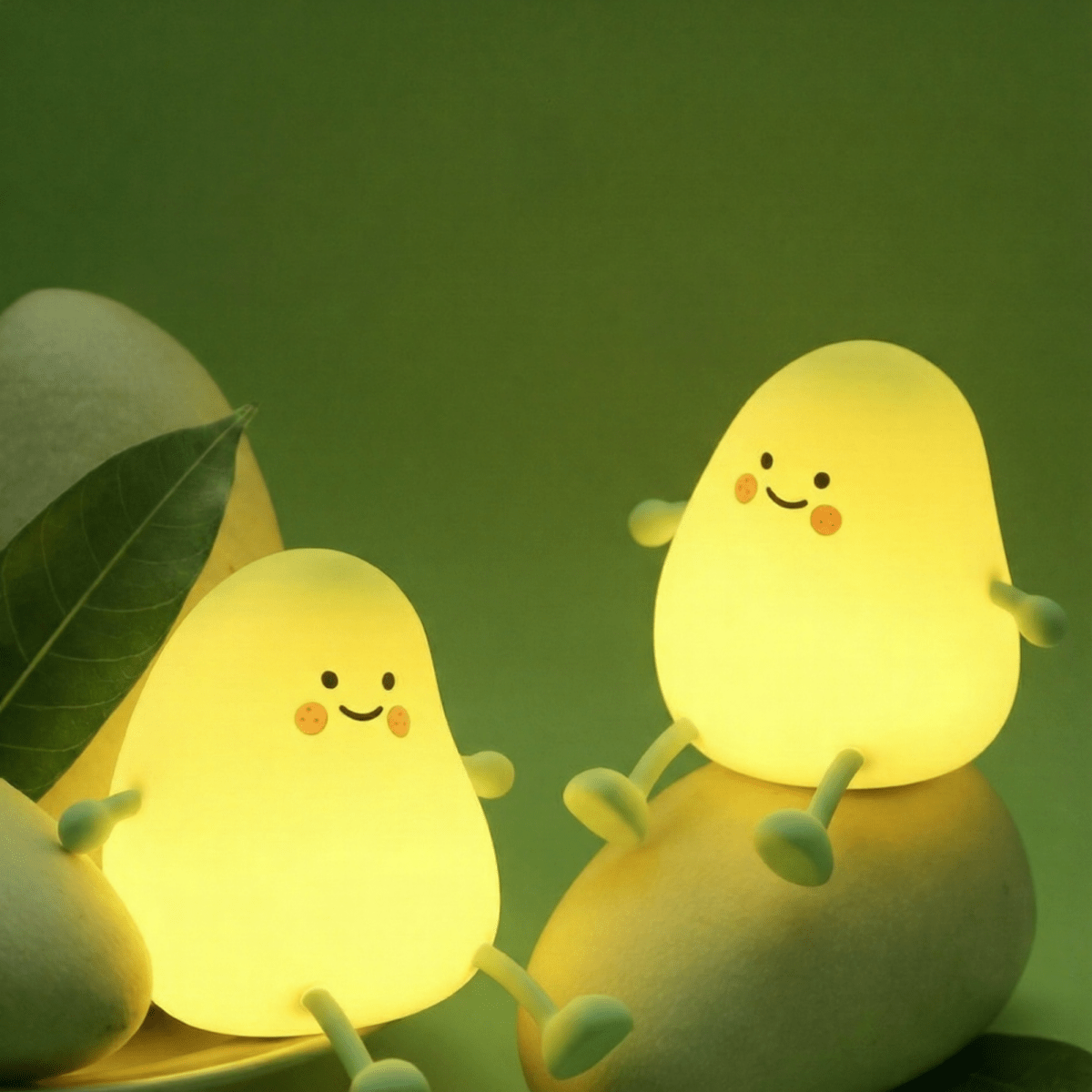 Two adorable yellow squishy mango silicone lamps with happy faces sitting on top of fresh mangoes against a green background, glowing with a warm light.